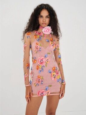 For Love And Lemons Percy Mini Dress Pink Sheer Floral with slip dress